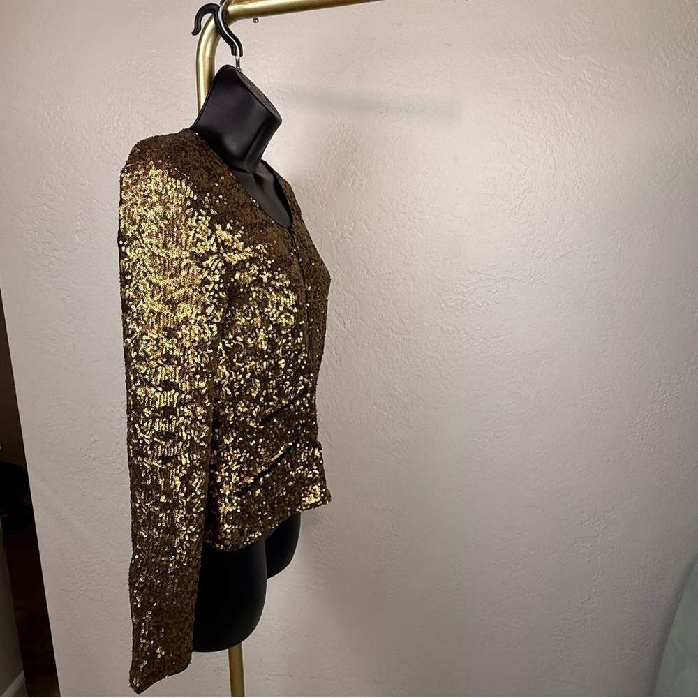 VINTAGE W118 by Walter Baker Gold/Bronze Sequin Zip Moto Jacket Size S Pristine - Picture 4 of 13